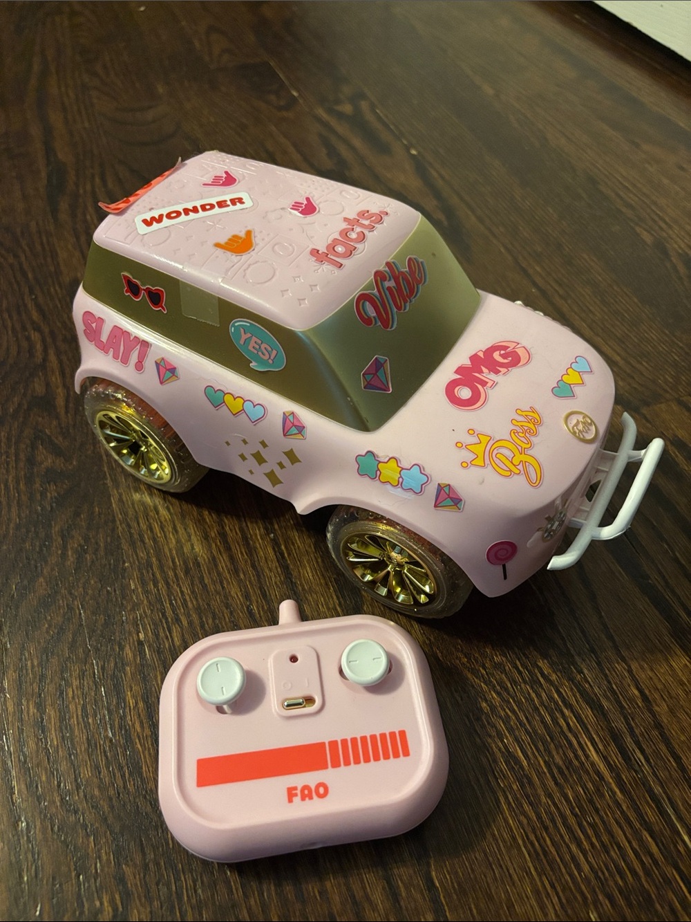 FAO Schwarz Pink Remote Control Stickered Toy Car with Gold Wheels